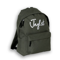 Green backpack with 'Jnglst' text on a white background