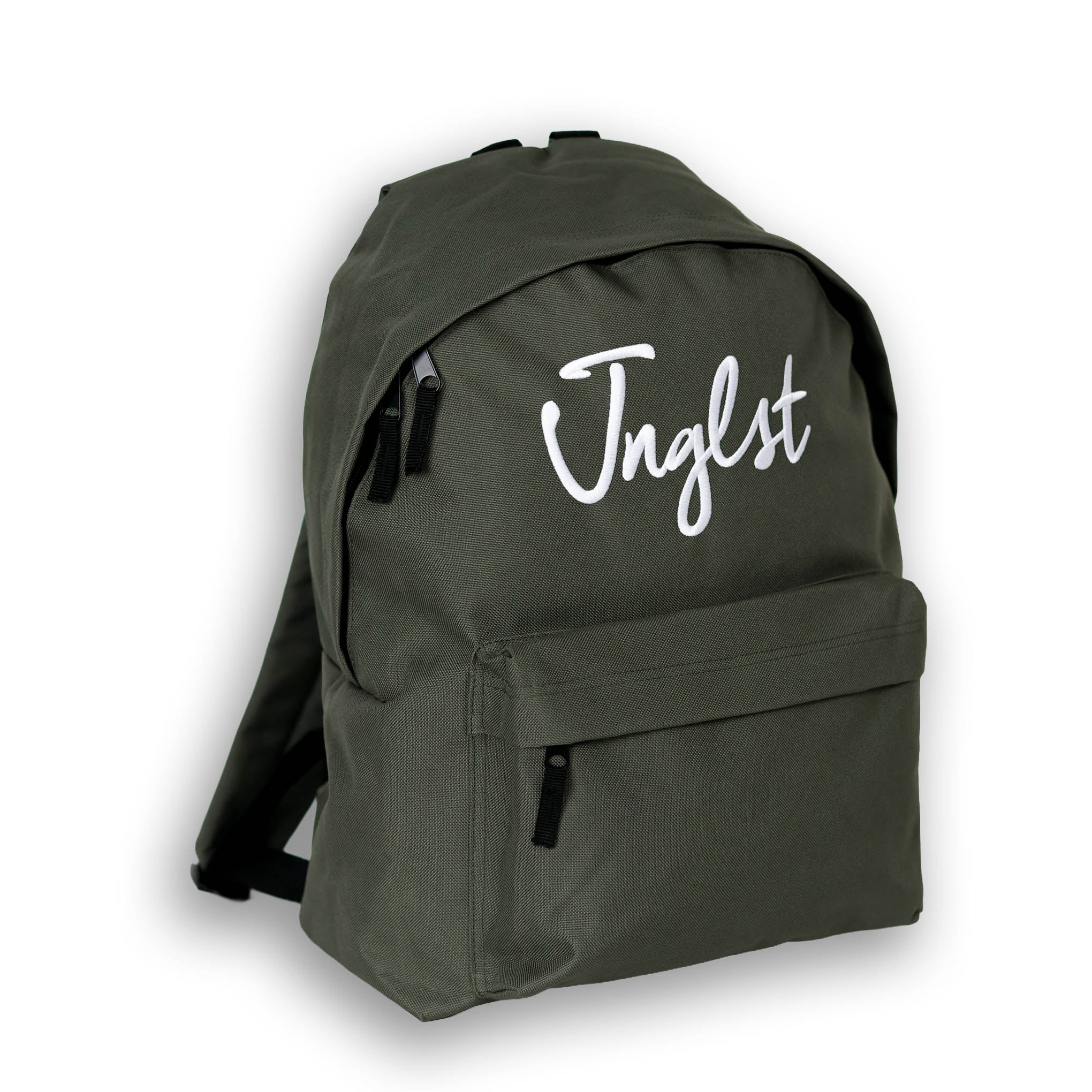 Green backpack with 'Jnglst' text on a white background