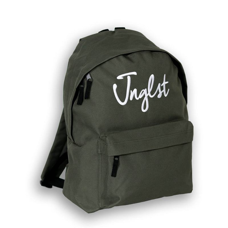 Green backpack with 'Jnglst' text on a white background