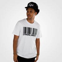 Junglist model wearing barcode jnglst t shirt
