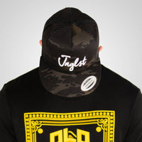 Black Camo Junglist Trucker Cap worn by model in t-shirt