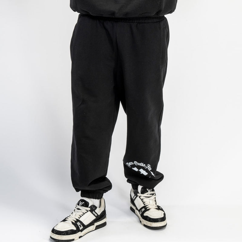 French terry jogger with tracksuit print detail on the shin