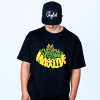 Person wearing a black t-shirt with colorful text and a black cap with 'Jnglst' on a light gray background