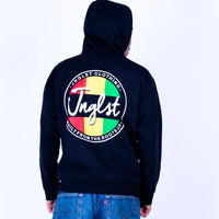 Person wearing a black hoodie with colorful logo and text on the back against a white background