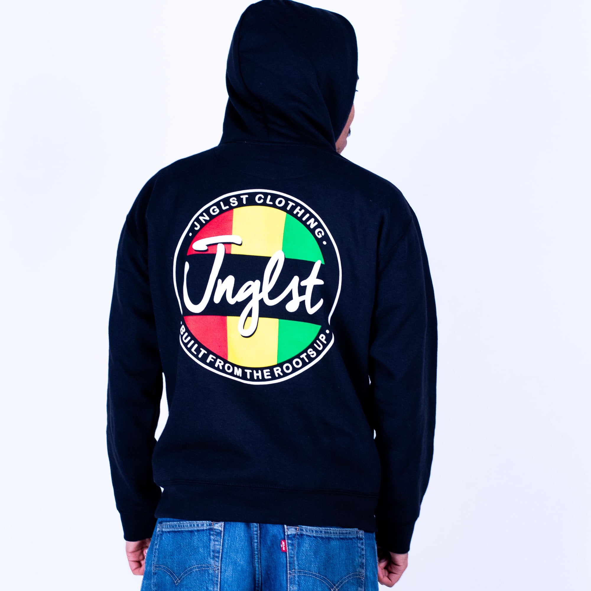 Person wearing a black hoodie with colorful logo and text on the back against a white background