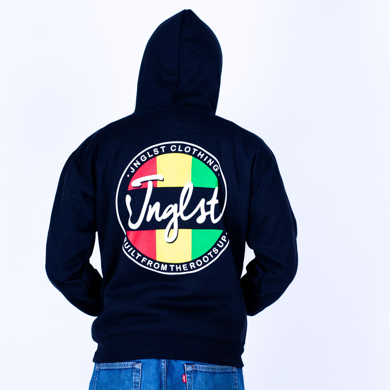 Black hoodie with colorful logo on the back, worn by a person against a light gray background