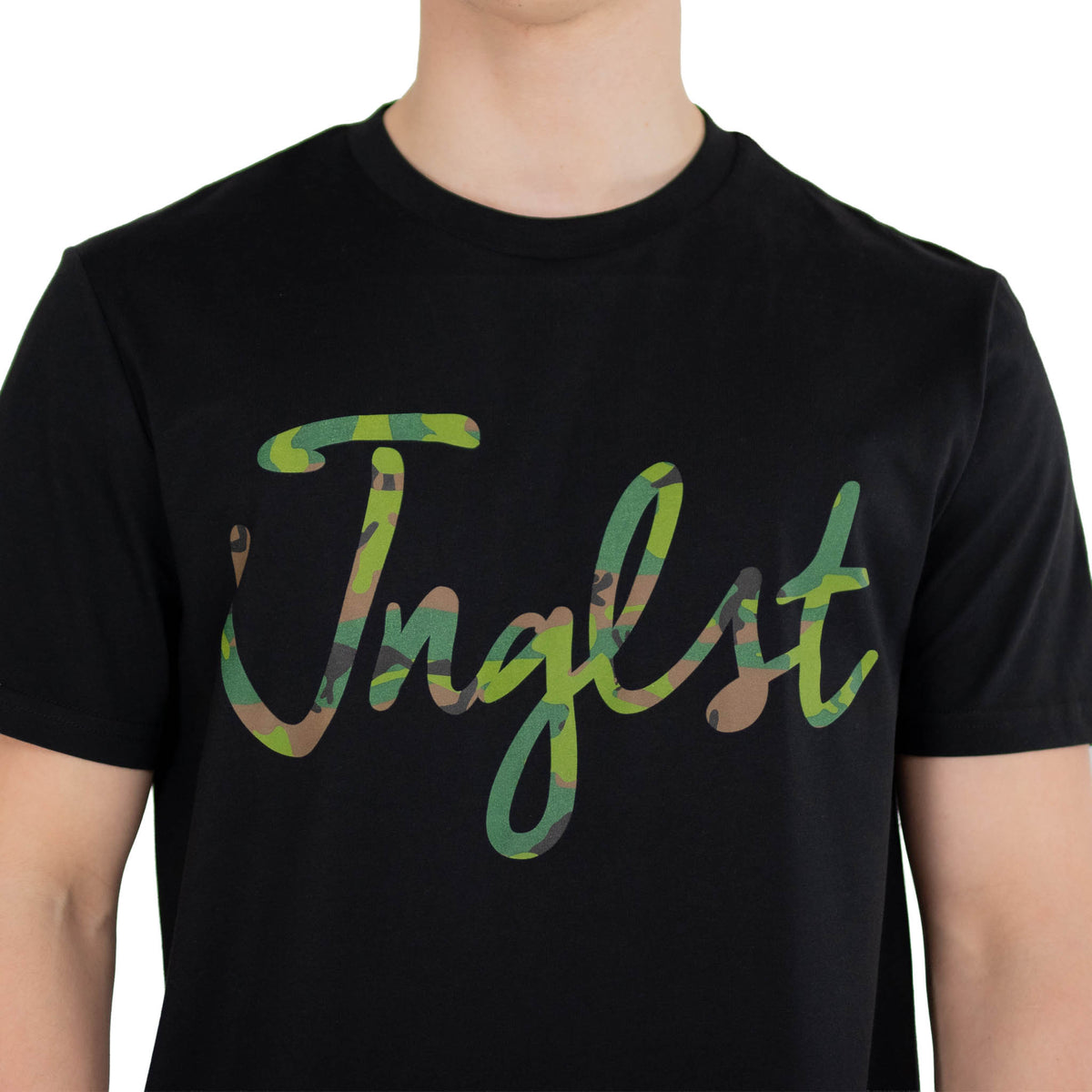 Jnglst camo script black t shirt close up