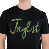 Jnglst camo script black t shirt close up