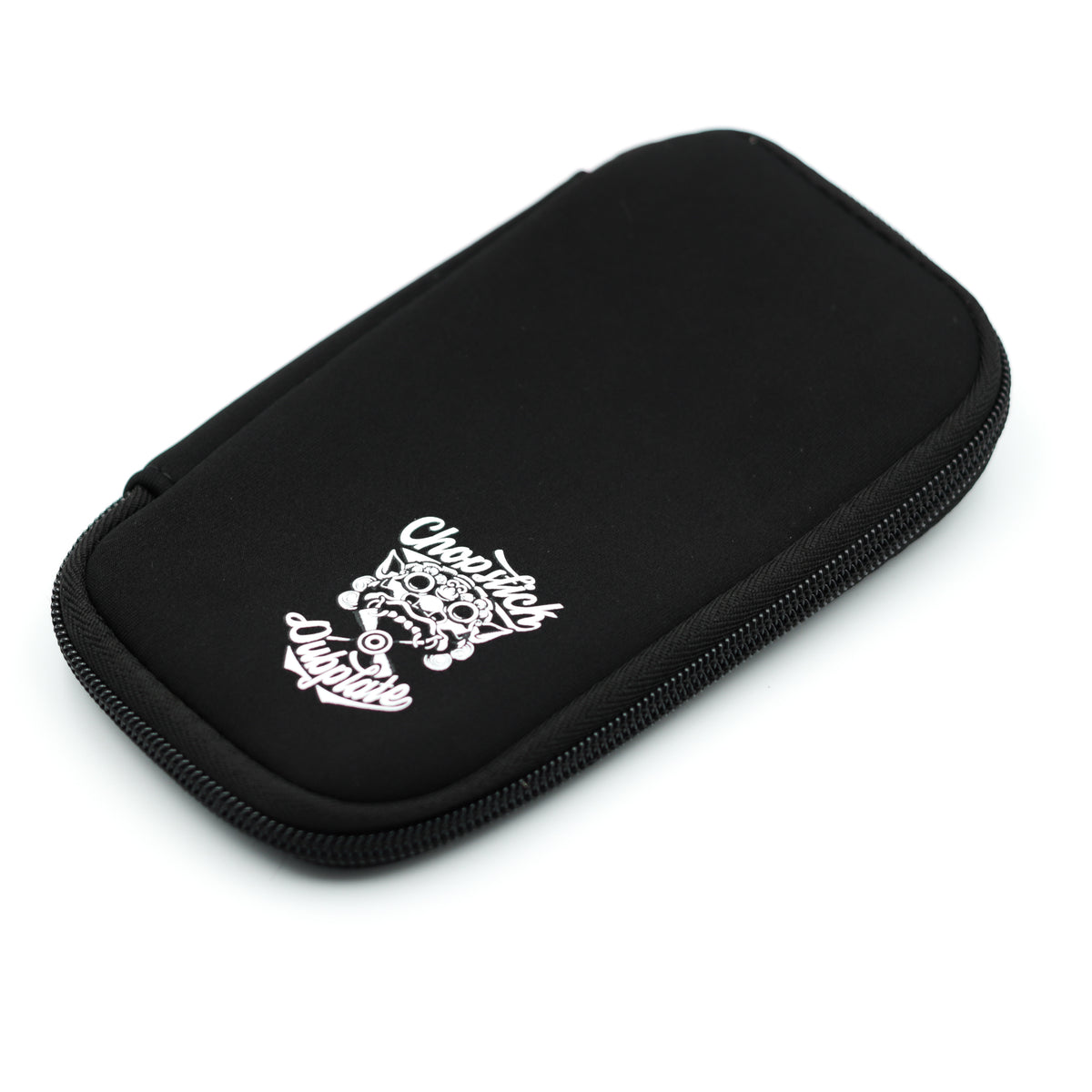 Black pouch with white logo on a white background