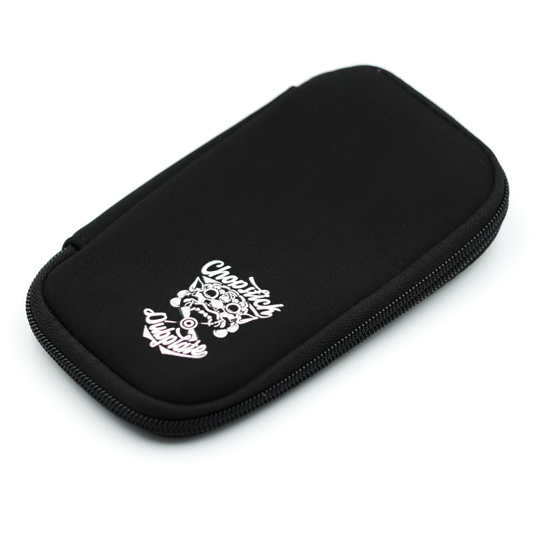Black pouch with white logo on a white background