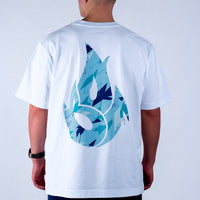 White Born Outta Fire t-shirt with blue and black abstract design on the back, worn by a person against a white background