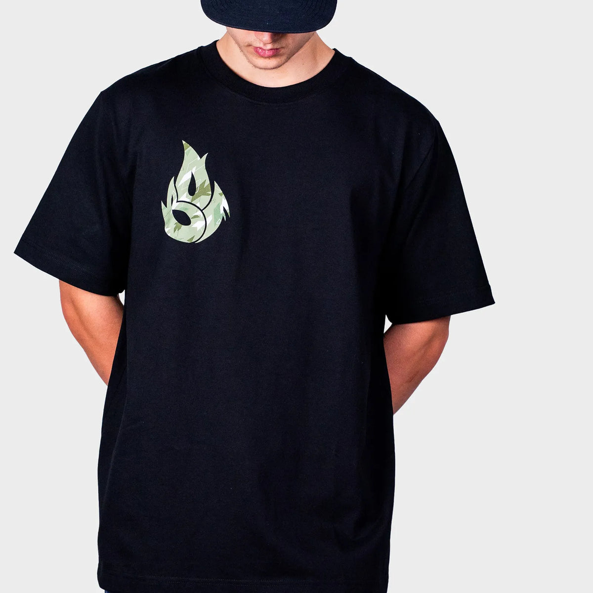 Green Camo Fire Relaxed Fit Black T-Shirt