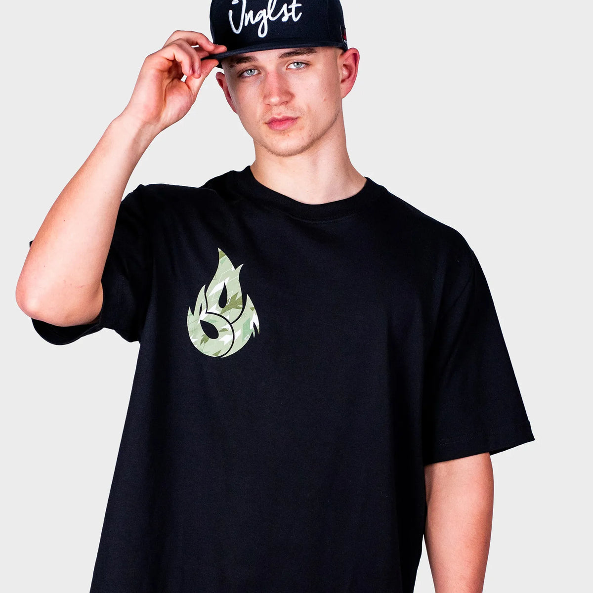 Green Camo Fire Relaxed Fit Black T-Shirt