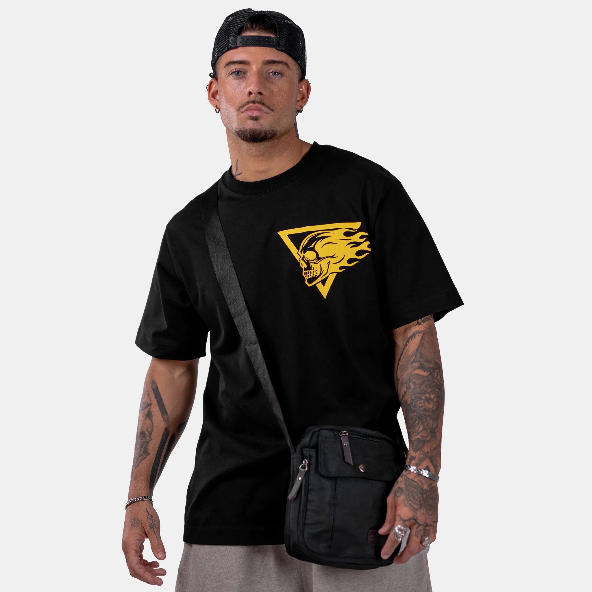 Born Outta Fire Flaming Skull Black T-Shirt - Black/Yellow