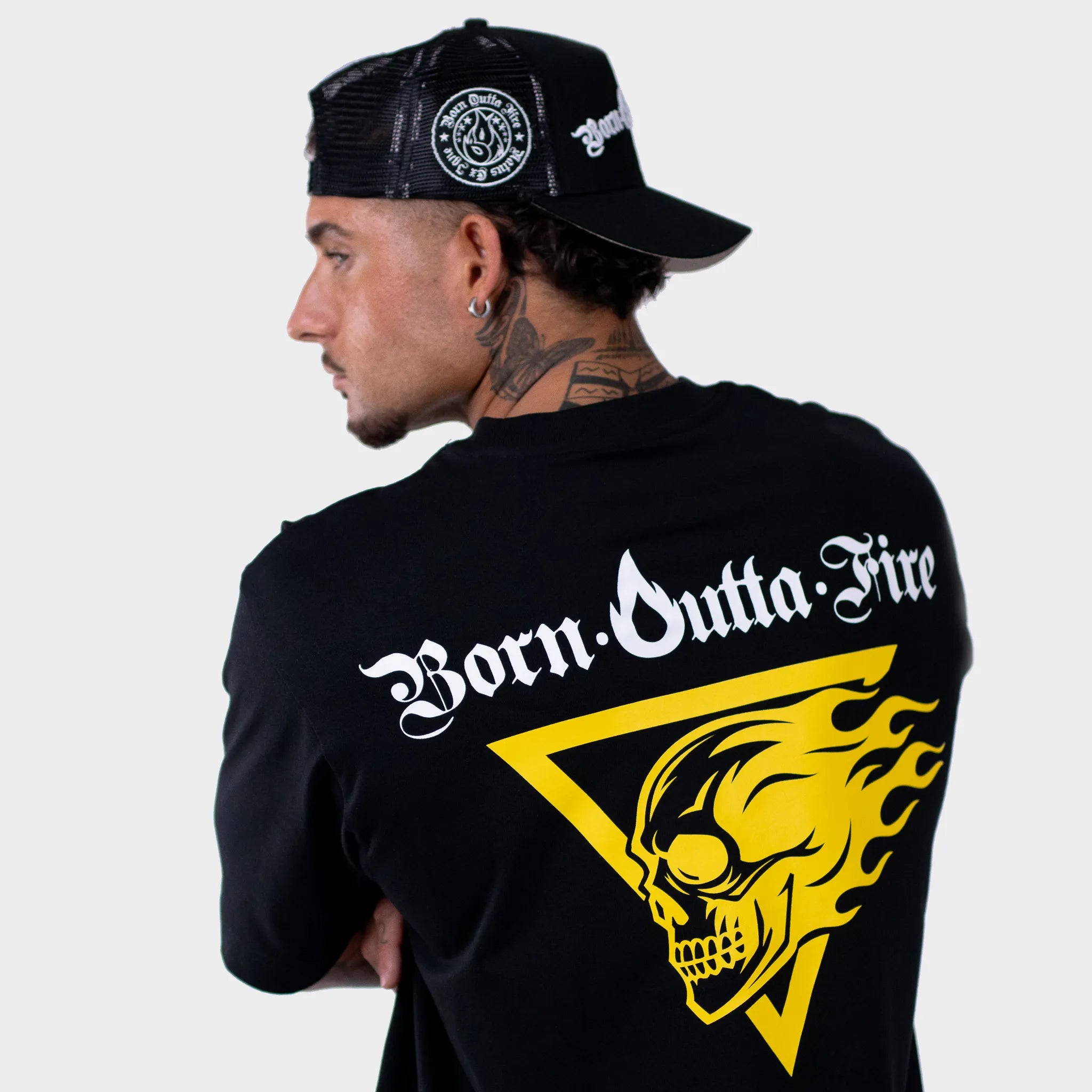 Born Outta Fire Flaming Skull Black T-Shirt - Black/Yellow
