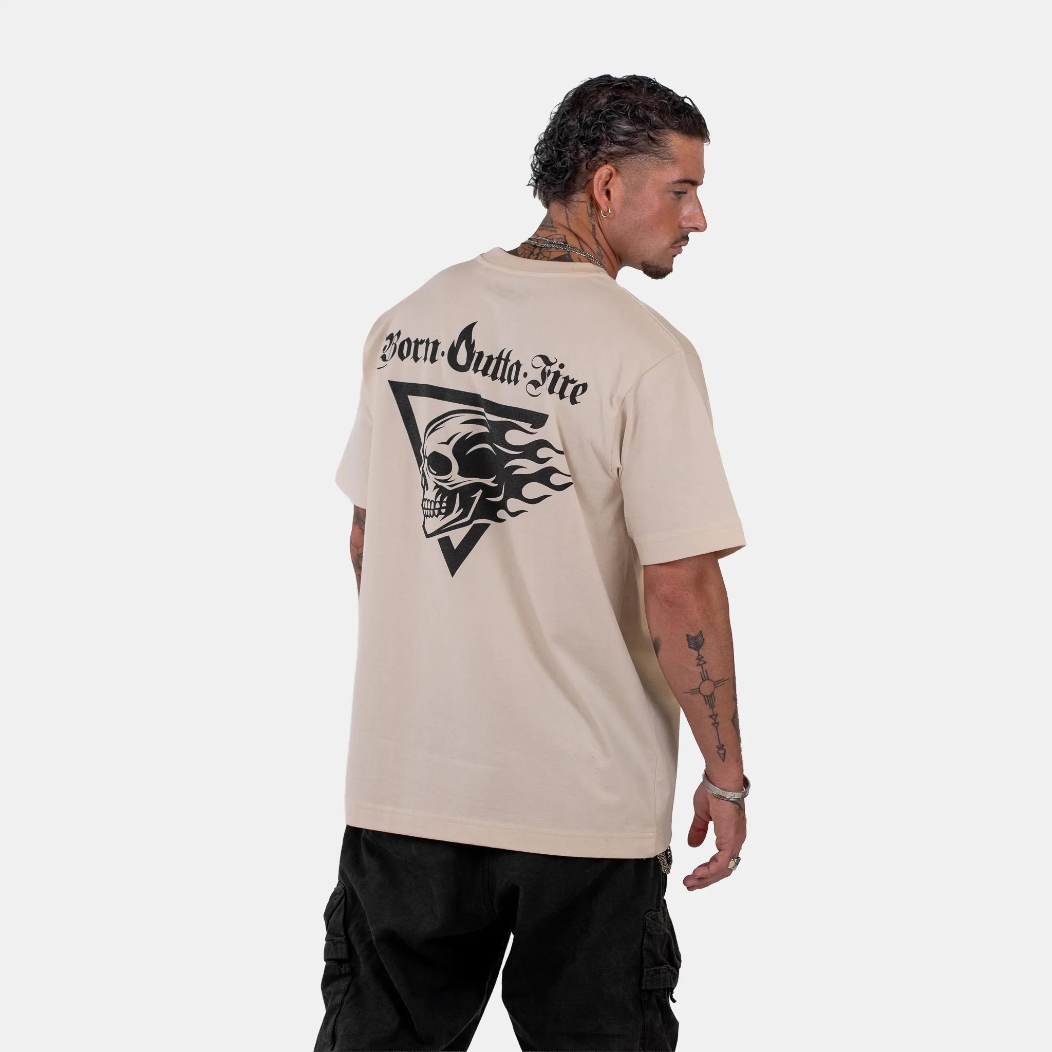 Born Outta Fire Flaming Skull T-Shirt - Natural