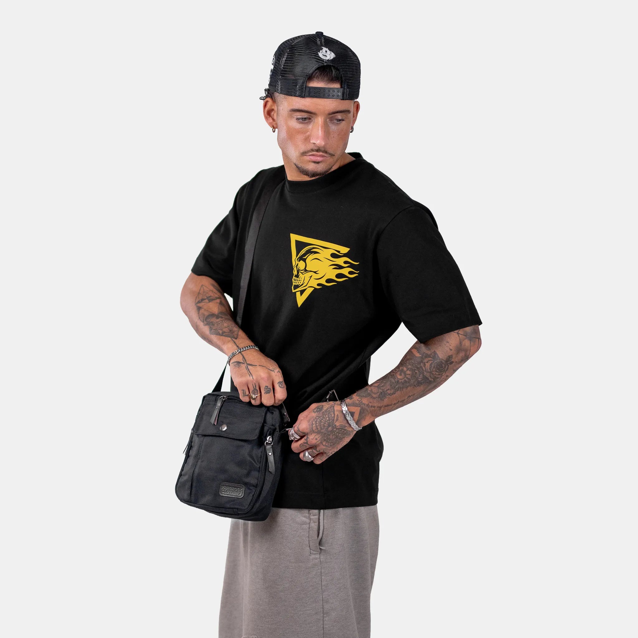 Born Outta Fire Flaming Skull Black T-Shirt - Black/Yellow