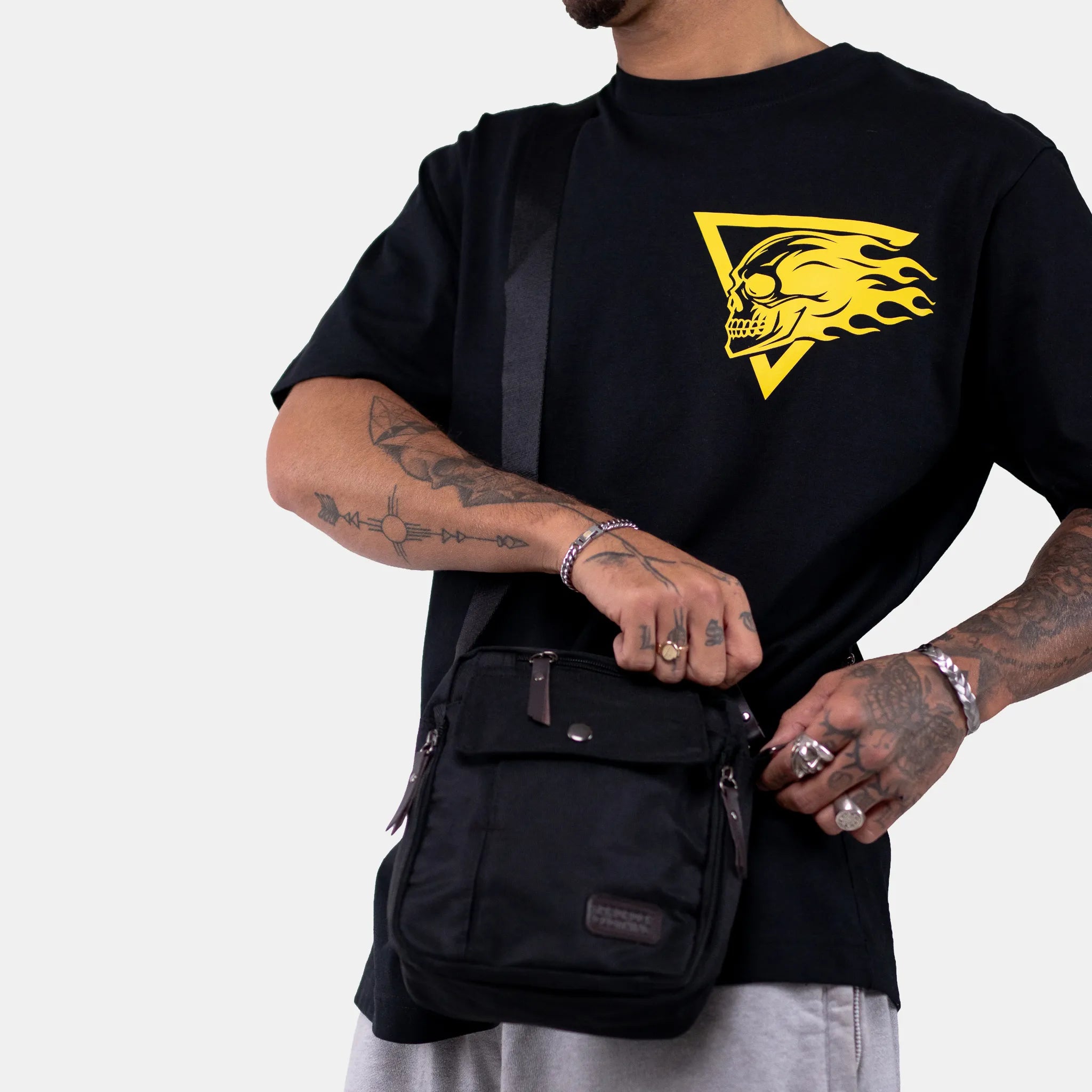 Born Outta Fire Flaming Skull Black T-Shirt - Black/Yellow