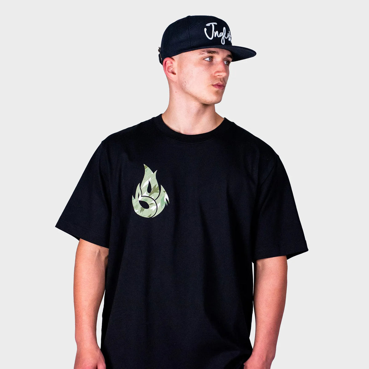 Green Camo Fire Relaxed Fit Black T-Shirt
