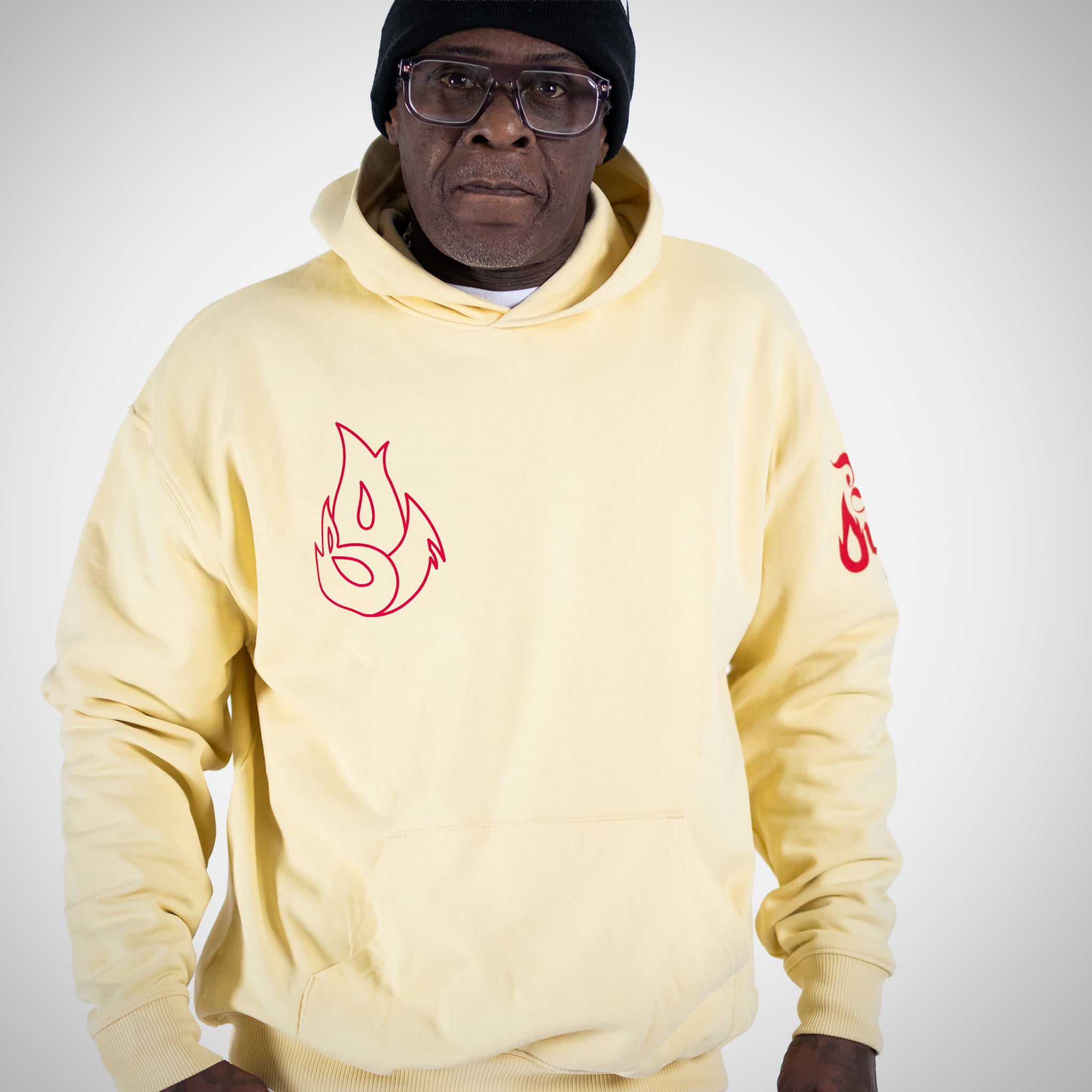 Born Outta Fire Hoody with Crimson Flame front worn by Marvellous Cain