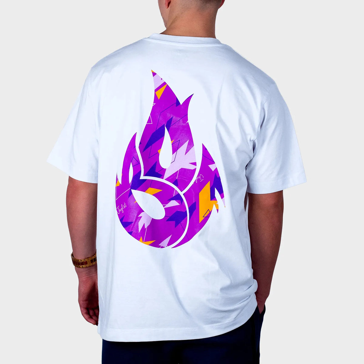 Purple Camo Fire Relaxed Fit White T-Shirt