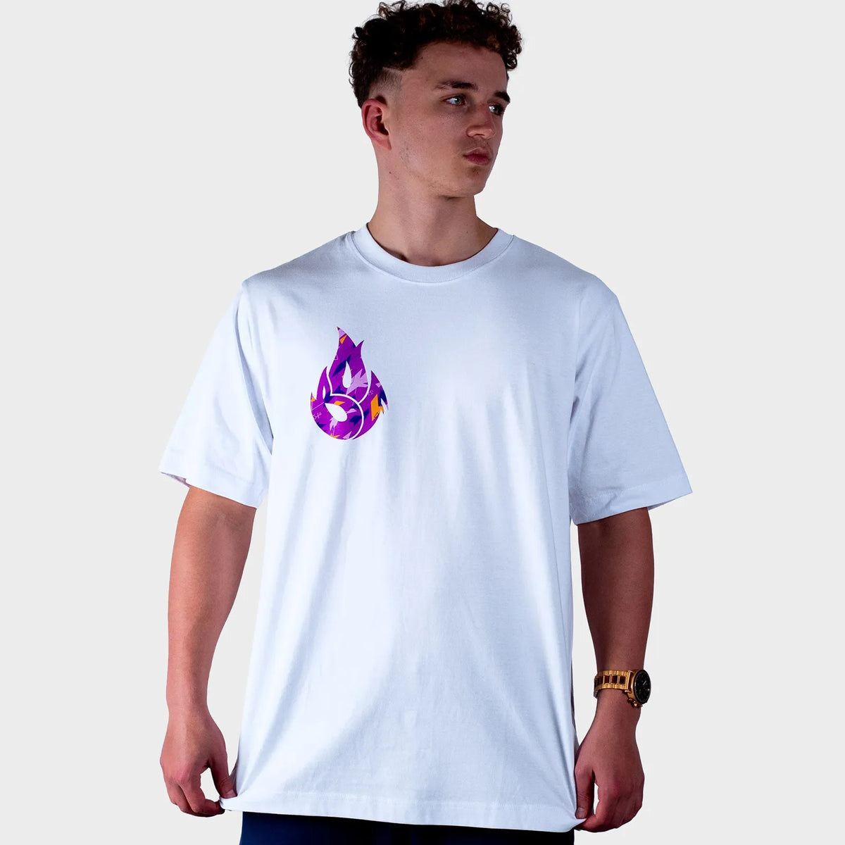 Purple Camo Fire Relaxed Fit White T-Shirt