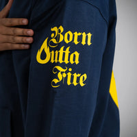 Born Outta Fire Yellow Flame On Navy Hoody Arm Print