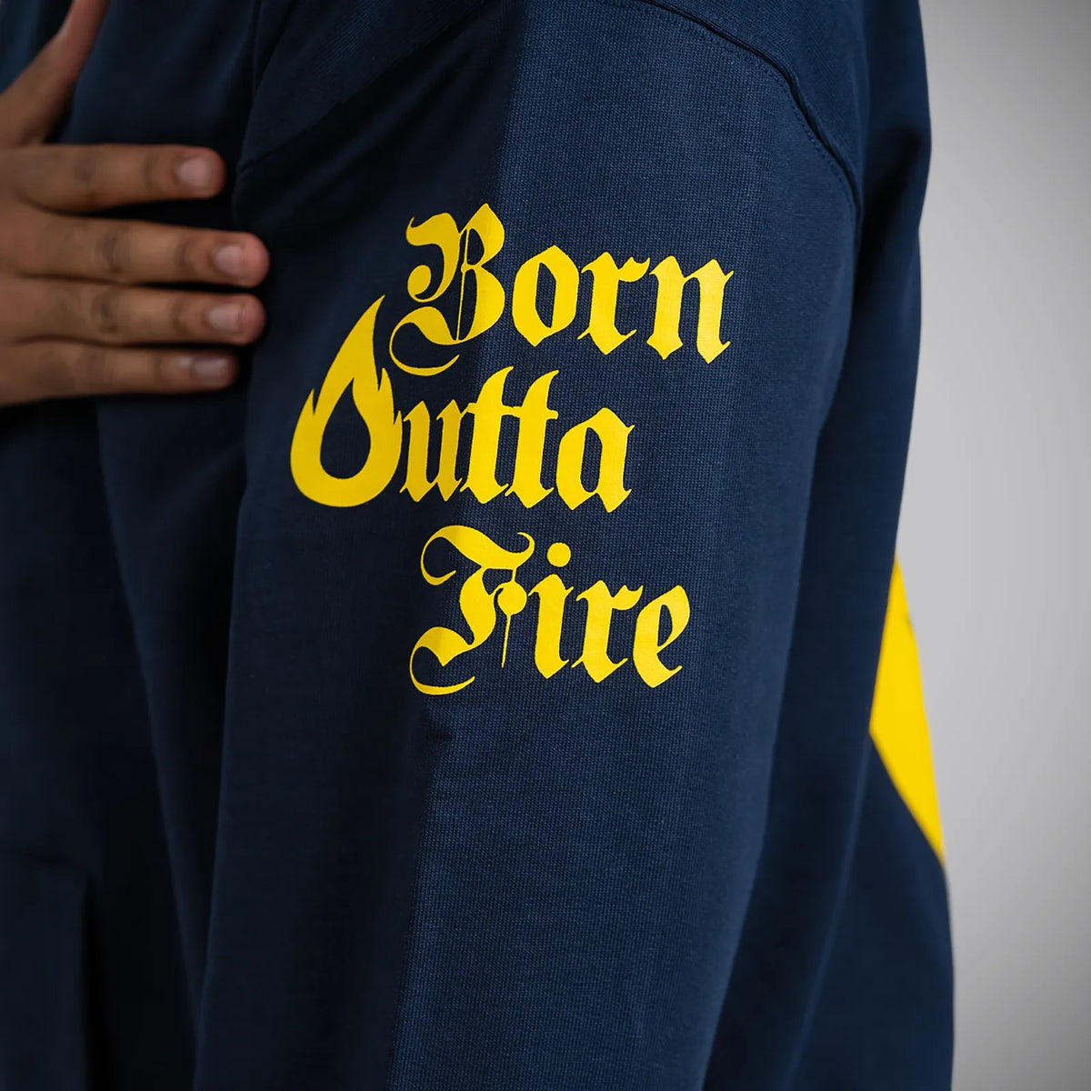 Born Outta Fire Yellow Flame On Navy Hoody Arm Print