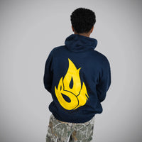 Born Outta Fire Yellow Flame On Navy Hoody Large Back Flaming