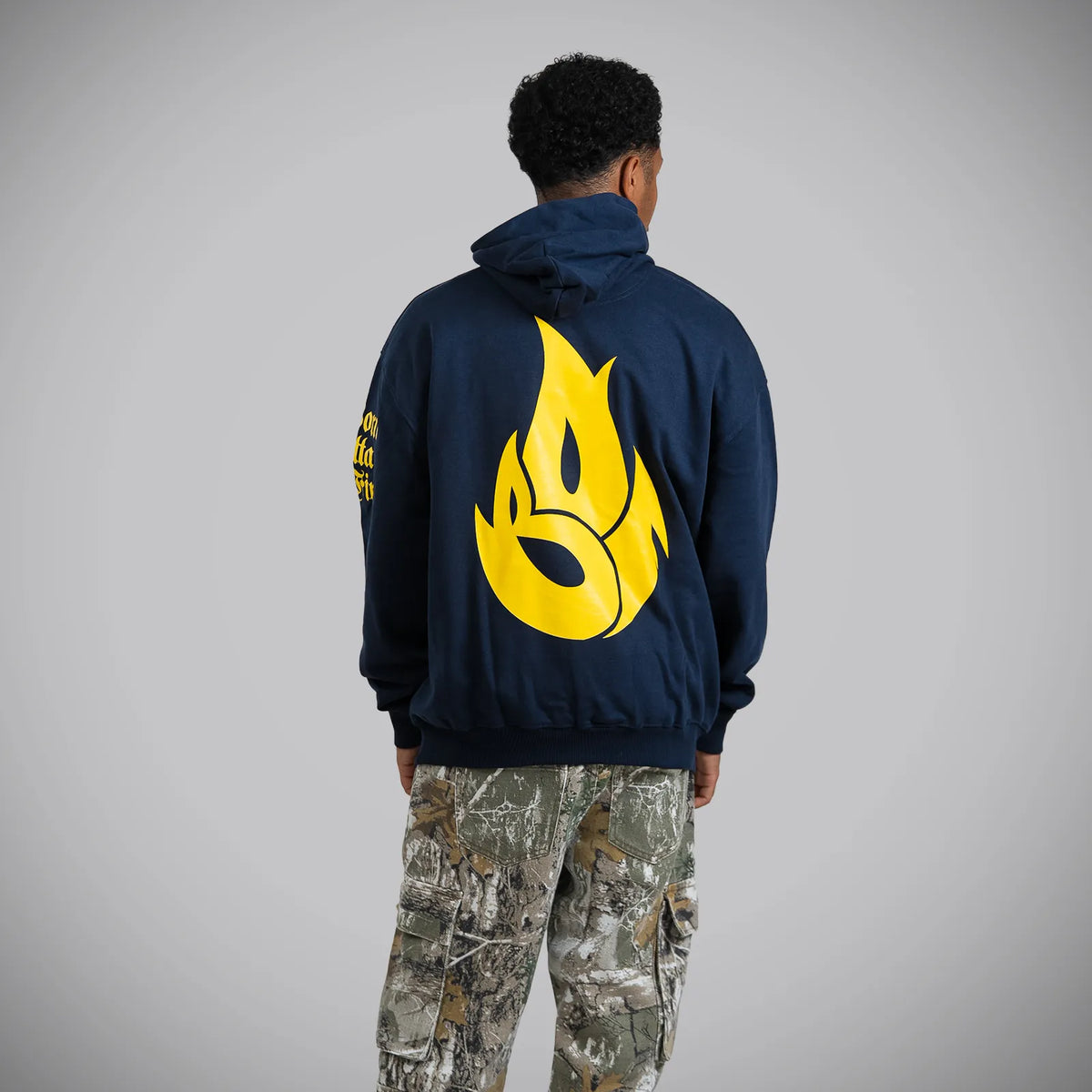 Born Outta Fire Yellow Flame On Navy Hoody Worn By Junglist