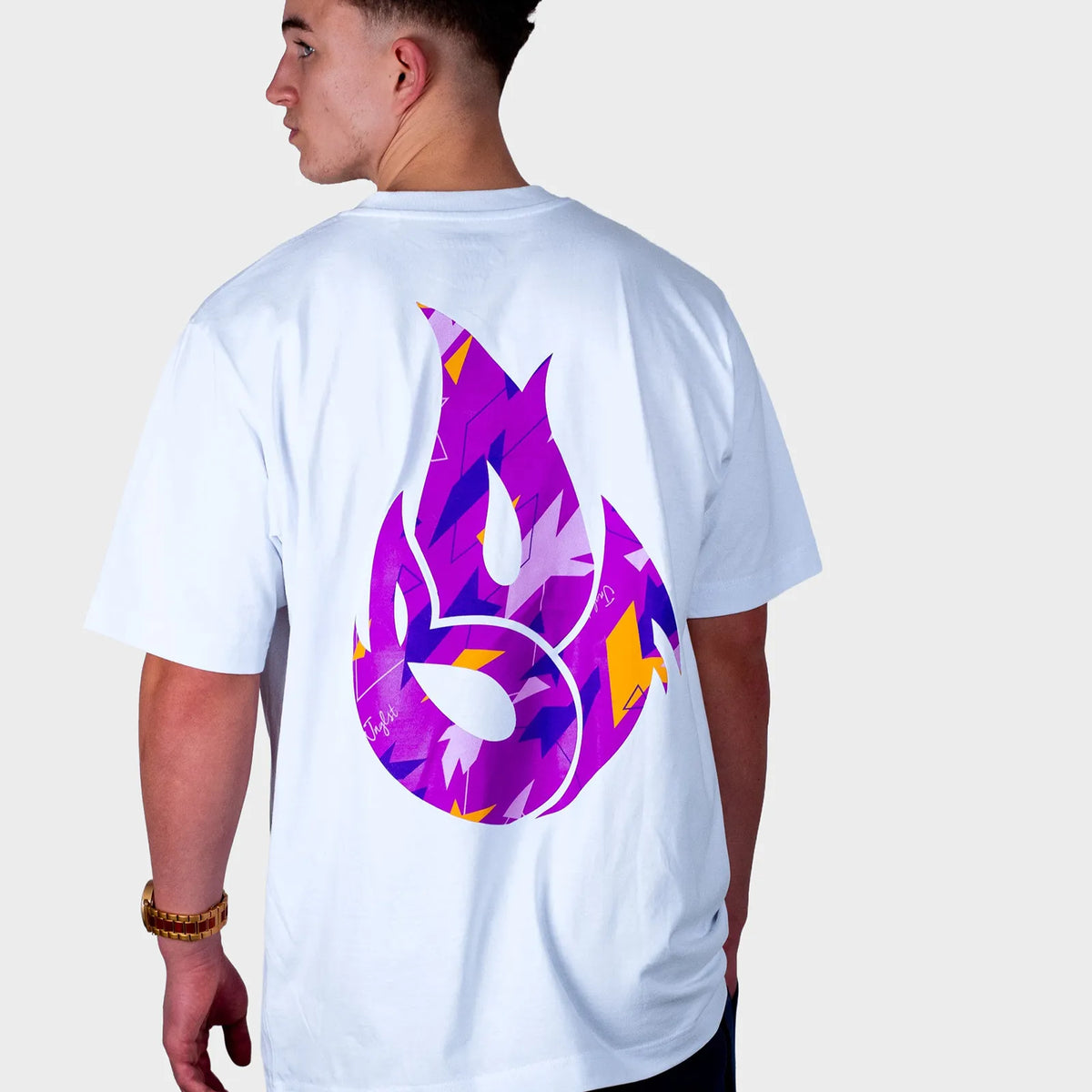 Purple Camo Fire Relaxed Fit White T-Shirt