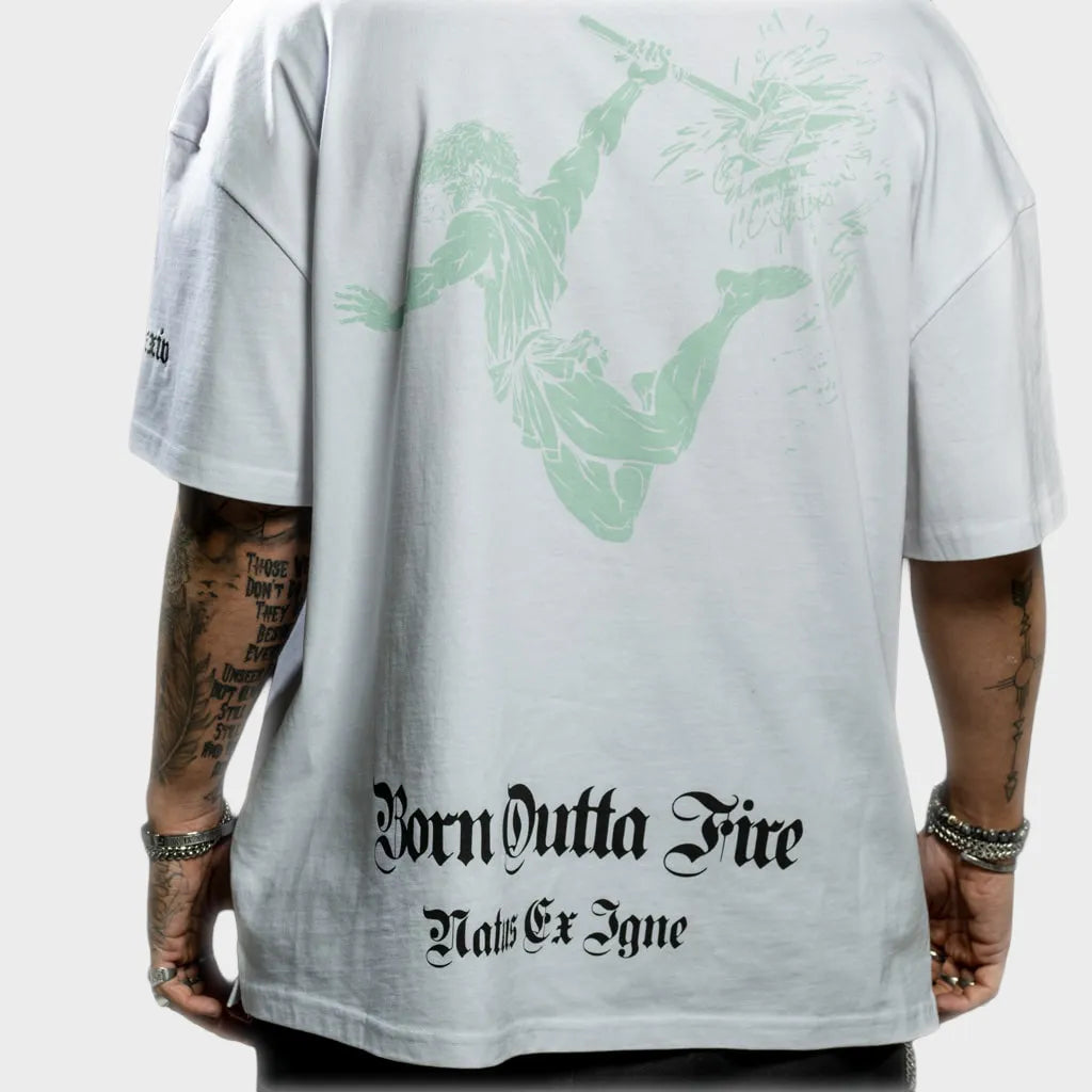 Oversized White and Aloe Vulcan God of Fire T-Shirt