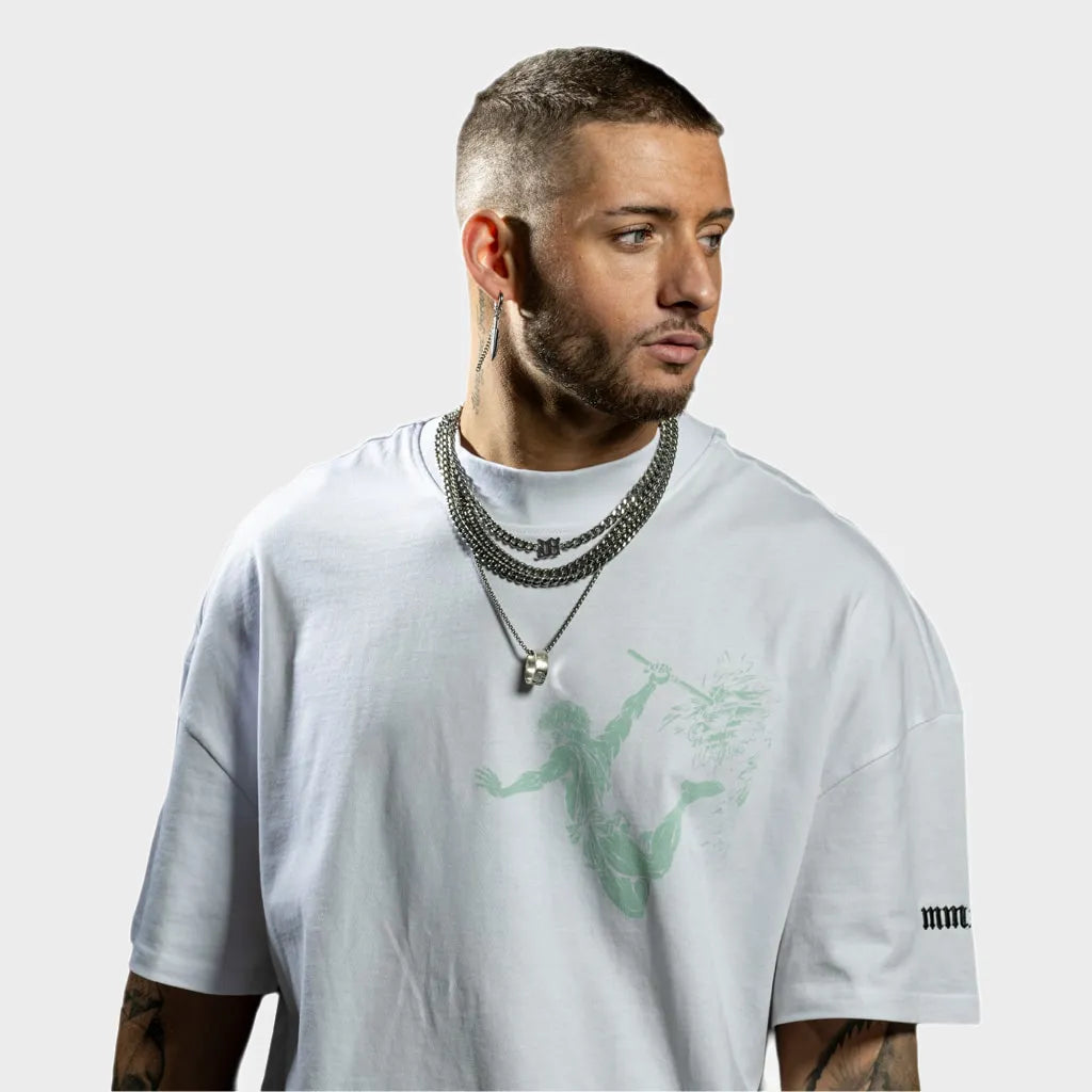 Oversized White and Aloe Vulcan God of Fire T-Shirt