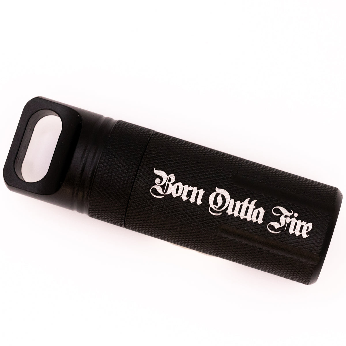Black stash box with 'Born Outta Fire' text on a white background