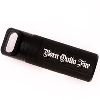 Black stash box with 'Born Outta Fire' text on a white background