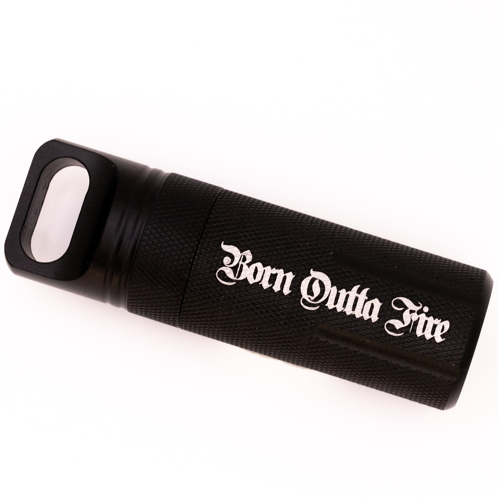 Black stash box with 'Born Outta Fire' text on a white background