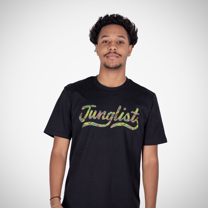 Junglist Camo Script Remix with Vowels t shirt