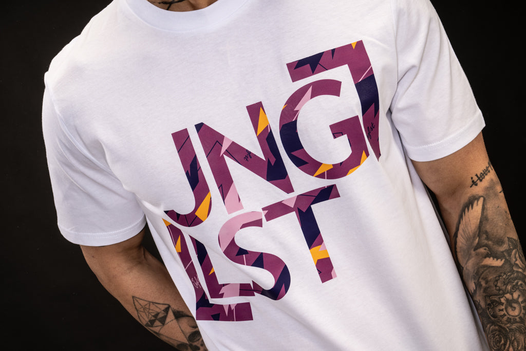 White T Shirt with Camo Purple Design