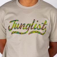 Beige t-shirt with 'Junglist' in colorful script on a plain background
