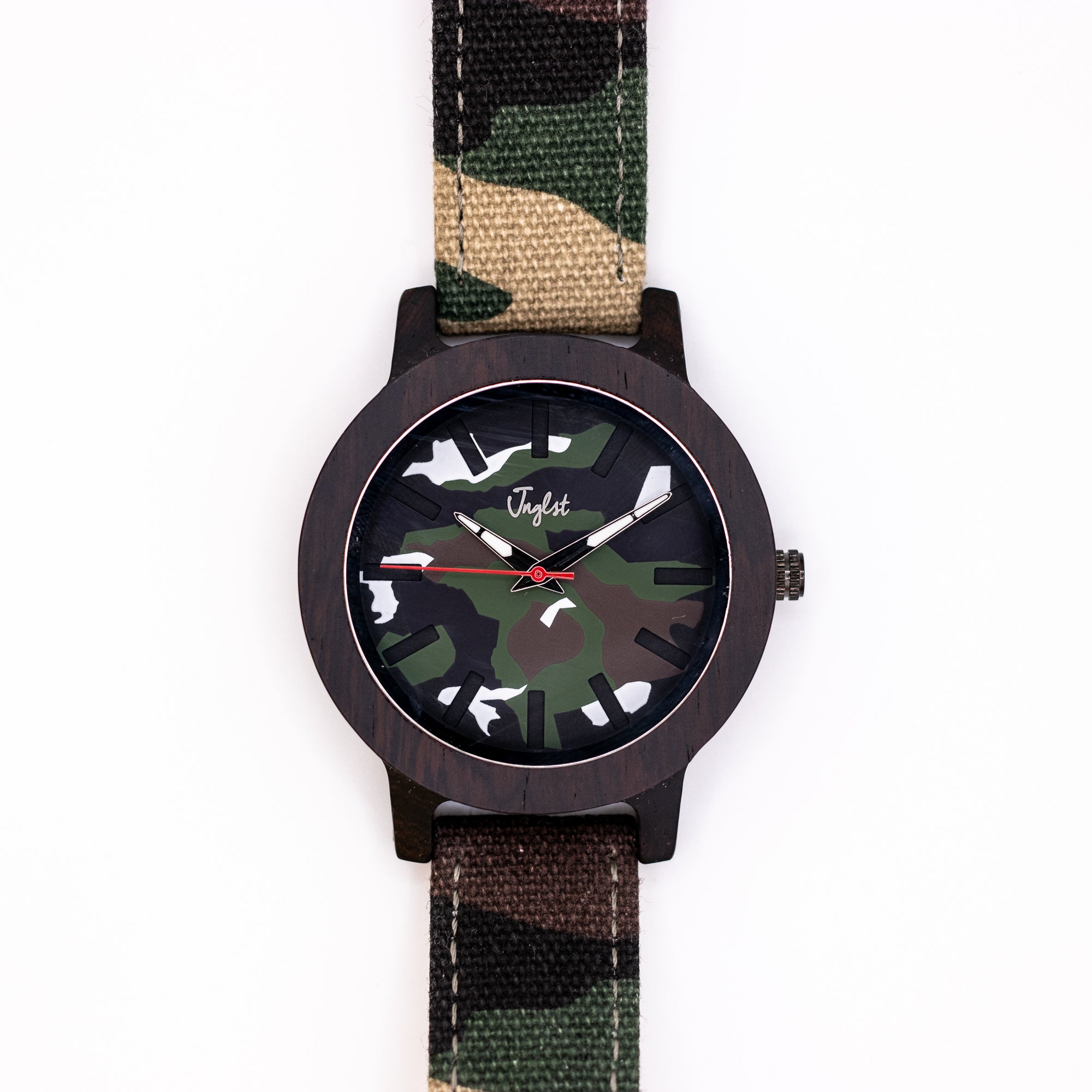 Junglist watch with camouflage pattern on a white background