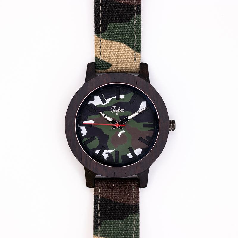 Junglist watch with camouflage pattern on a white background
