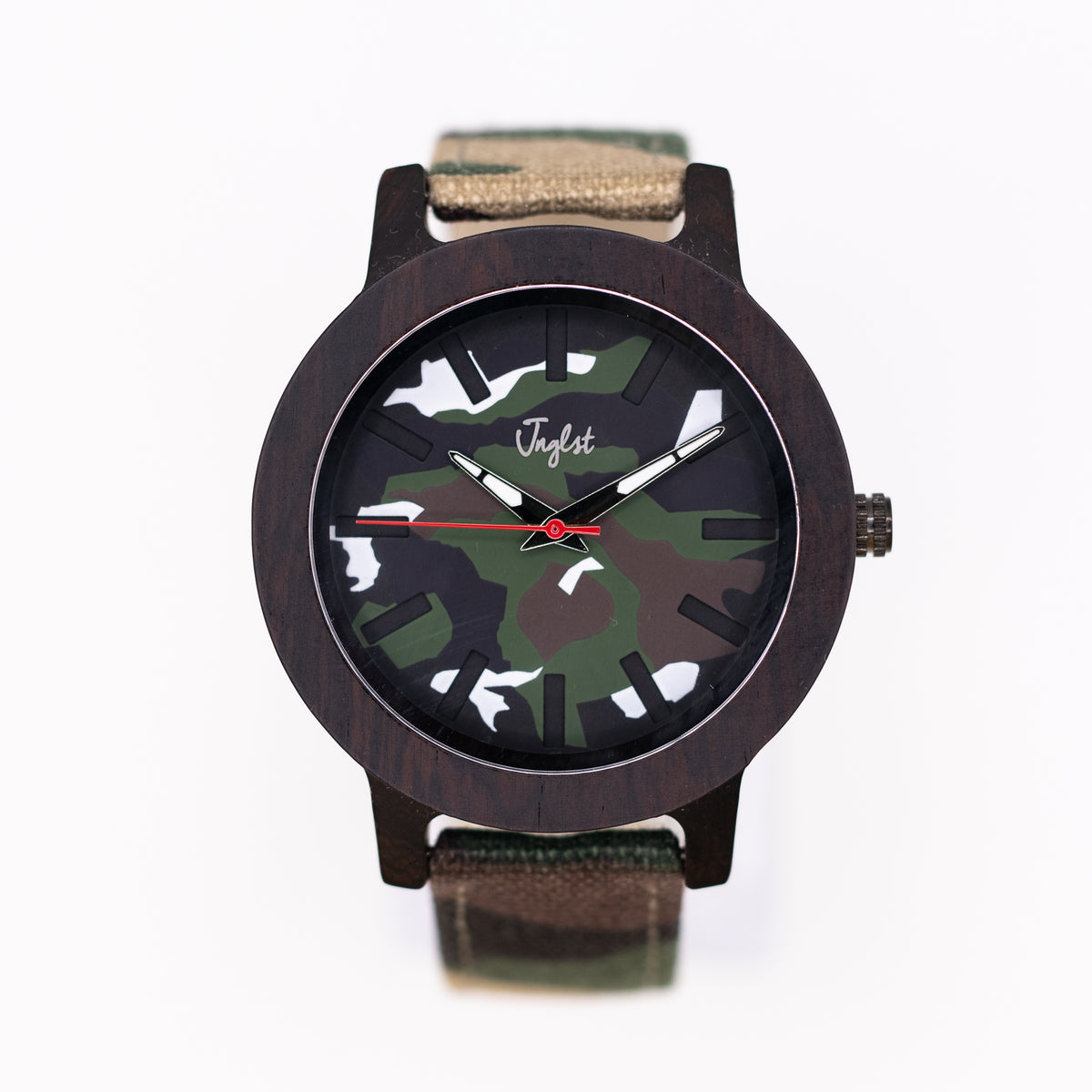 Wristwatch with camouflage Junglist pattern and green strap on white background