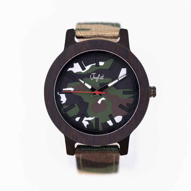Wristwatch with camouflage Junglist pattern and green strap on white background
