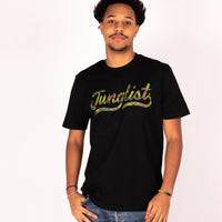 Person wearing a black t-shirt with 'Junglist' text on a white background