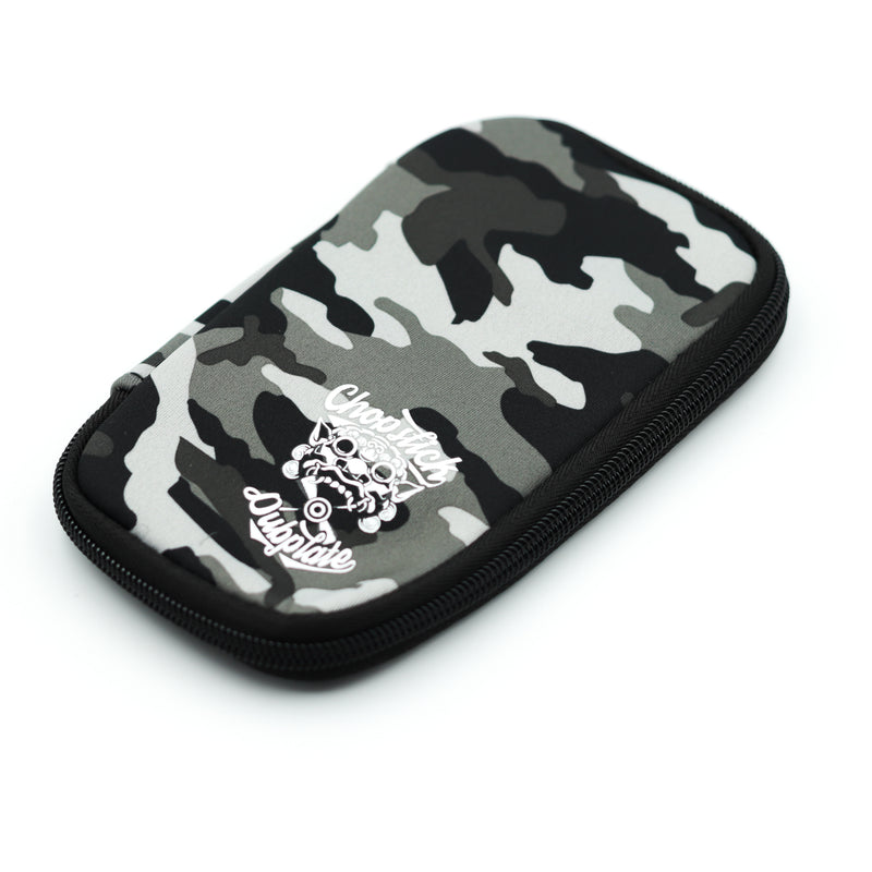 Camouflage-patterned case with a logo on a white background