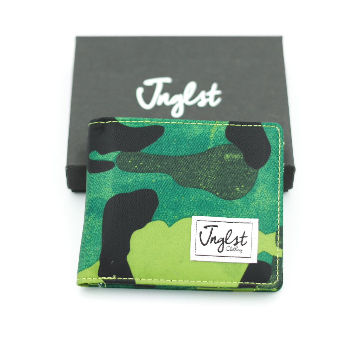 Green camouflage wallet with 'Jingst' branding on a white background