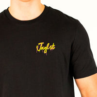 Black Vines t-shirt with yellow and pink text on a white background