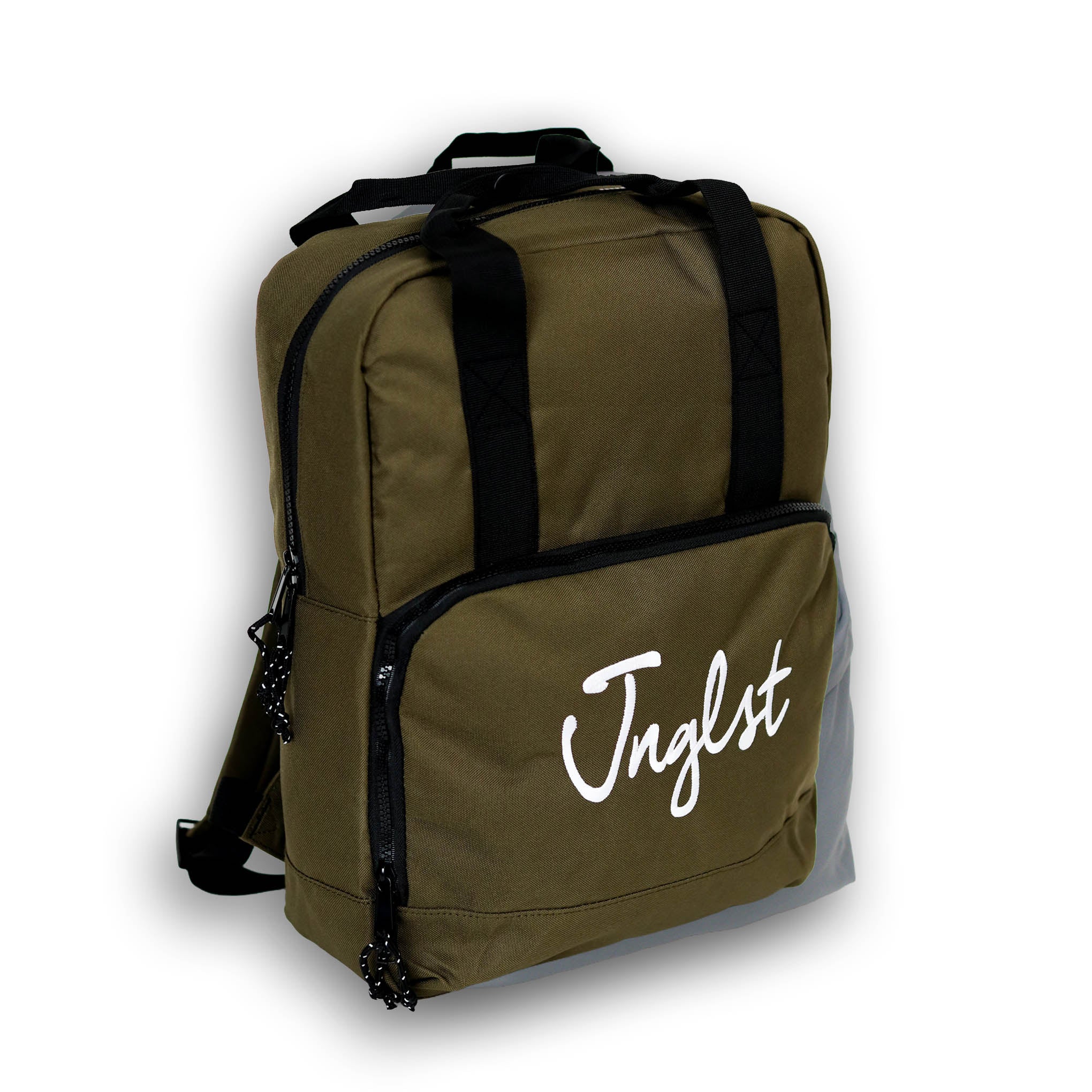 Olive green backpack with 'Jnglst' text on a white background