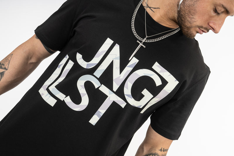 Cream Junglist Camo Design on a Black T Shirt