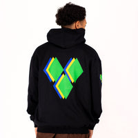 Person wearing a black yardrock diamond hoodie with green and blue geometric design on the back, on a white background